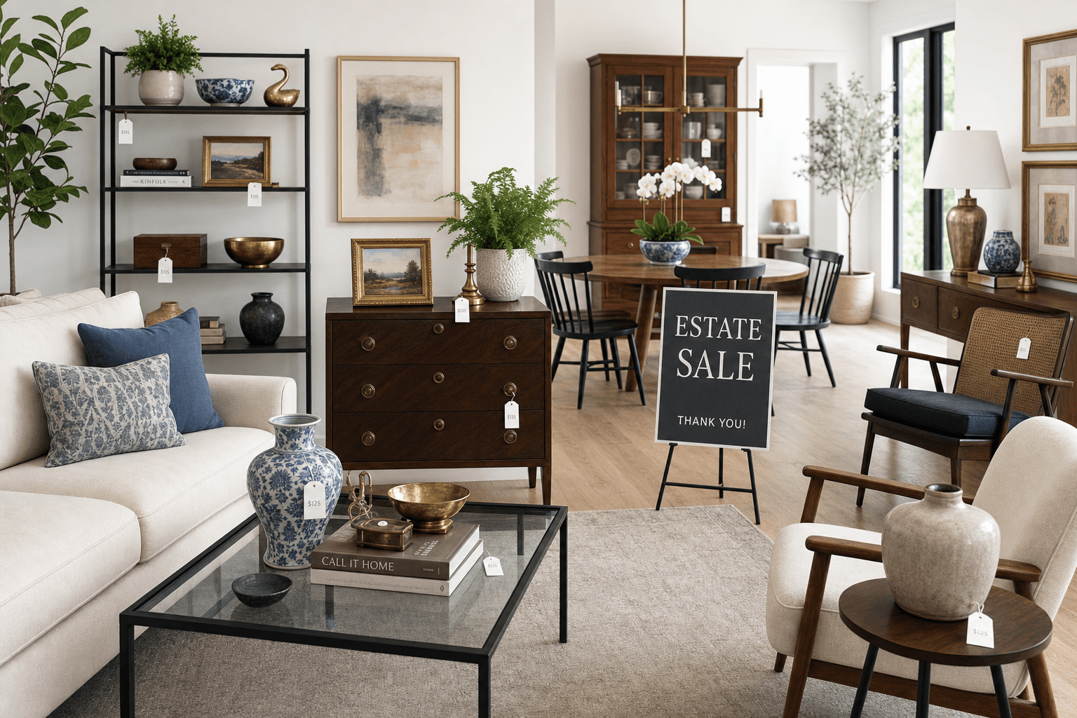 Modern estate sale scene without vintage colors, featuring household items in a bright setting.