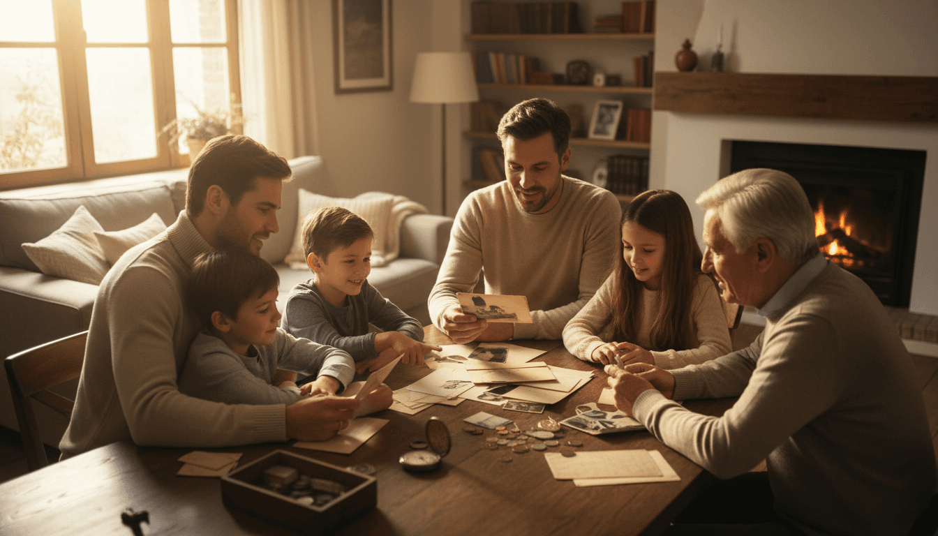 Family reviewing items together in warm home setting with natural light and caring atmosphere